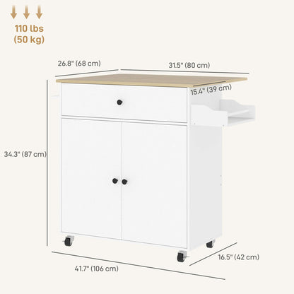 HOMCOM Rolling Kitchen Island with Drop Leaf, Kitchen Storage Cart with Drawer, Spice Rack and Towel Rack, White