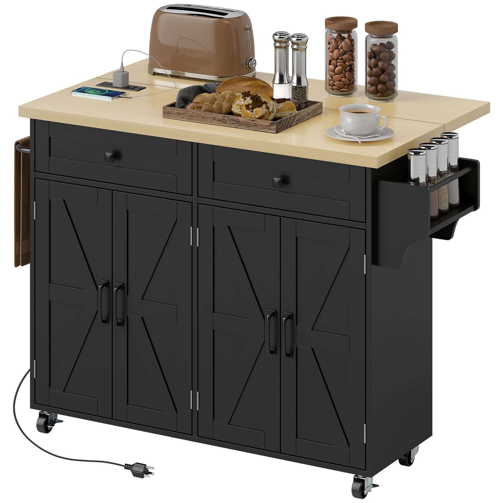 HOMCOM Kitchen Island with Storage, Rolling Kitchen Cart with Charging Station, Drop Leaf, Spice Rack, Towel Rack, Drawers