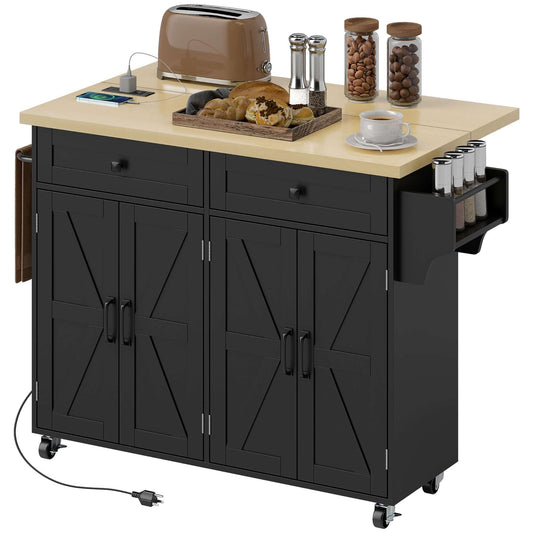 HOMCOM Kitchen Island with Storage, Rolling Kitchen Cart with Charging Station, Drop Leaf, Spice Rack, Towel Rack, Drawers