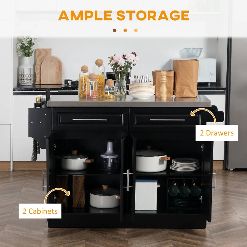 HOMCOM Portable Kitchen Island Rolling Cart Stainless Steel Top Storage Spice Rack Drawers Cabinets Black | Aosom Canada