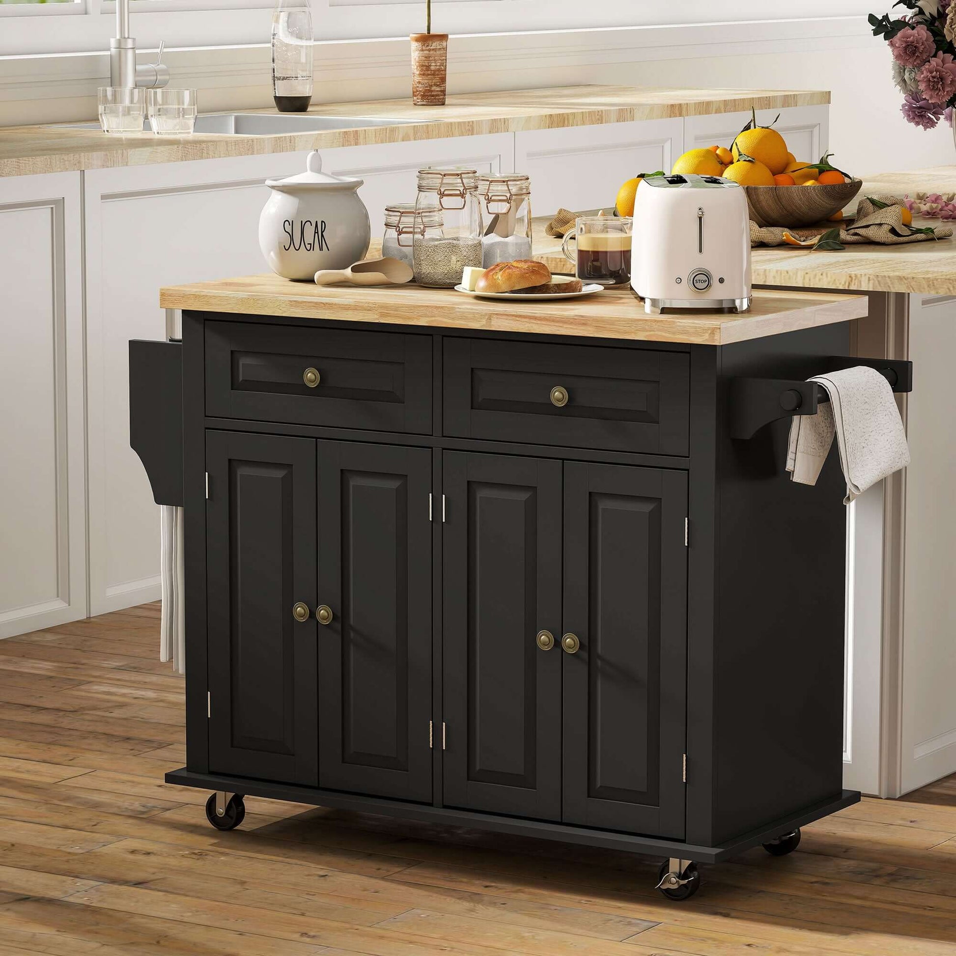 HOMCOM Rolling Kitchen Island with Rubber Wood Top and Storage, Spice Rack, Towel Rack, Black