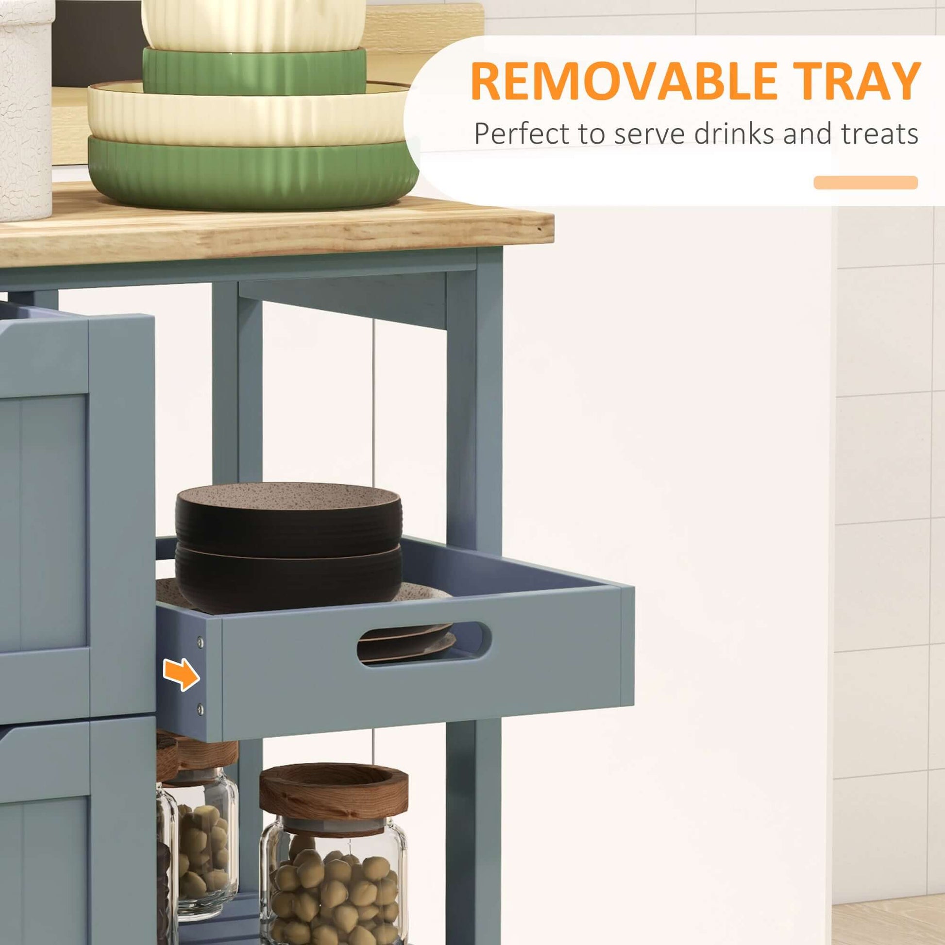 HOMCOM Kitchen Cart on Wheels, Rolling Kitchen Island Cart with Wood Top, 3 Drawers and Shelves for Home Dining Area