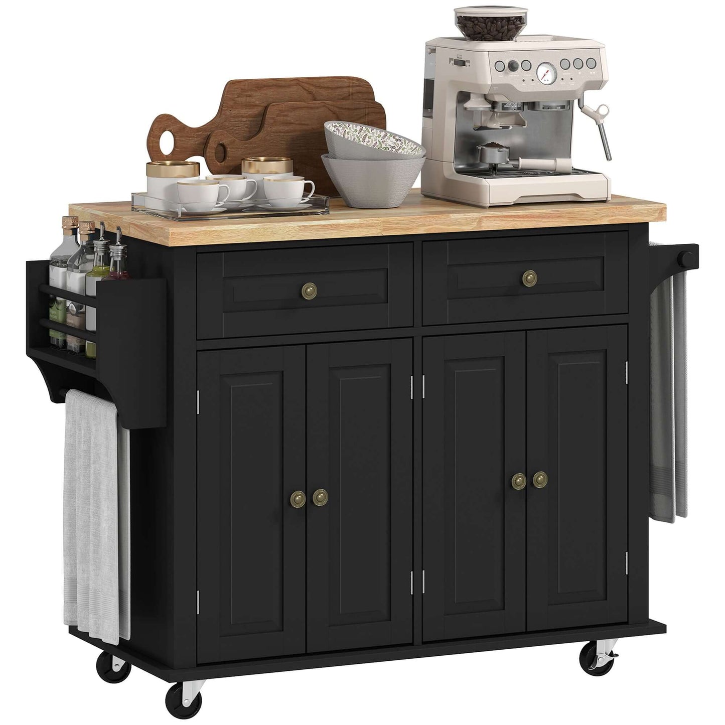 HOMCOM Rolling Kitchen Island with Rubber Wood Top and Storage, Spice Rack, Towel Rack, Black