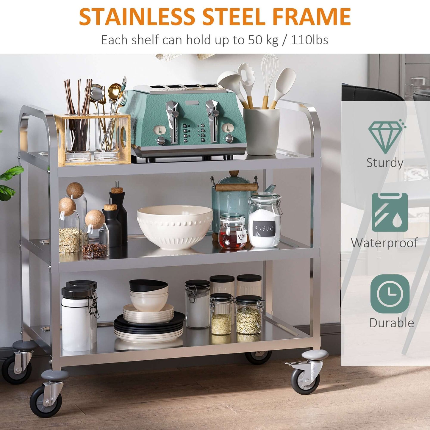 HOMCOM 35.6" 3-Tier Kitchen Trolley Medical Treatment Laboratory Equipment Carts, Stainless Steel Rolling Kitchen Island, Wheeled Storage Utility Serving Cart, 330LBS Heavy Gauge