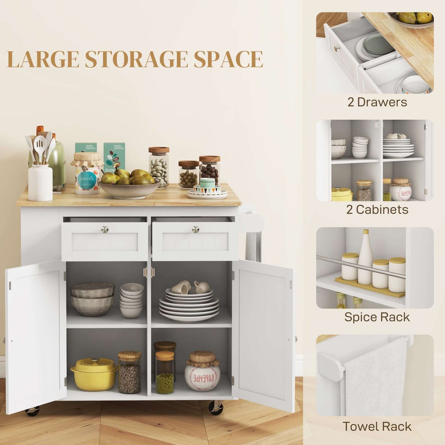 HOMCOM Kitchen Island with Power Outlet and Drop Leaf, Rolling Kitchen Cart with 2 Drawers and Adjustable Shelves, White