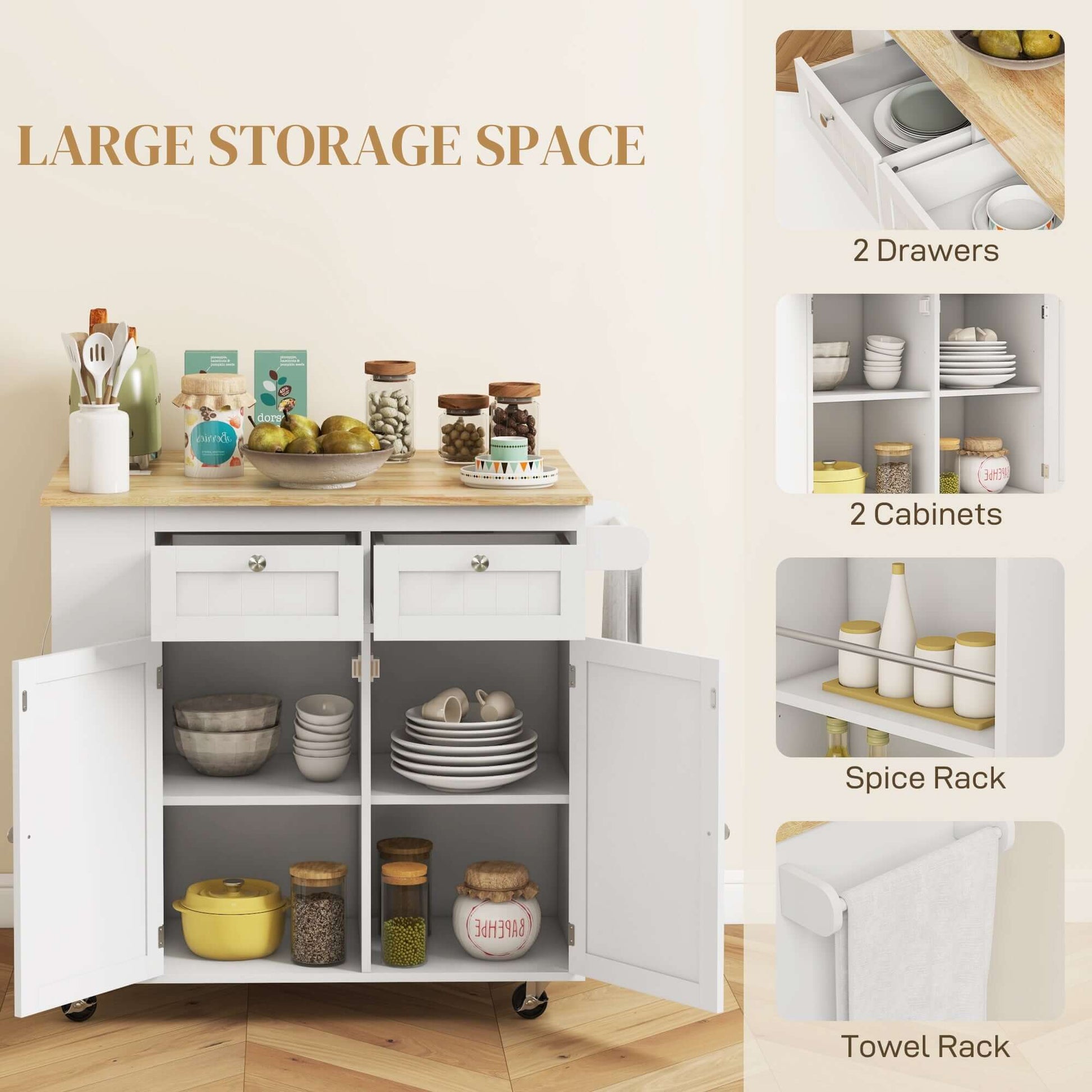 HOMCOM Kitchen Island with Power Outlet and Drop Leaf, Rolling Kitchen Cart with 2 Drawers and Adjustable Shelves, White
