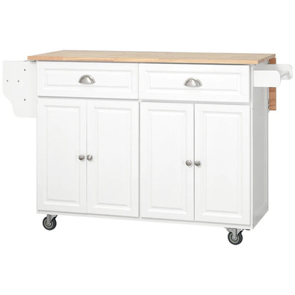 HOMCOM Rolling Kitchen Island on Wheels Utility Cart with Drop-Leaf and Rubber Wood Countertop, Storage Drawers, Door Cabinets, White | Aosom Canada