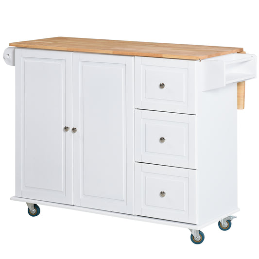 HOMCOM Rolling Kitchen Island with Drop Leaf, Kitchen Cart with Cabinet, 3 Drawers, Wood Top, White | Aosom Canada