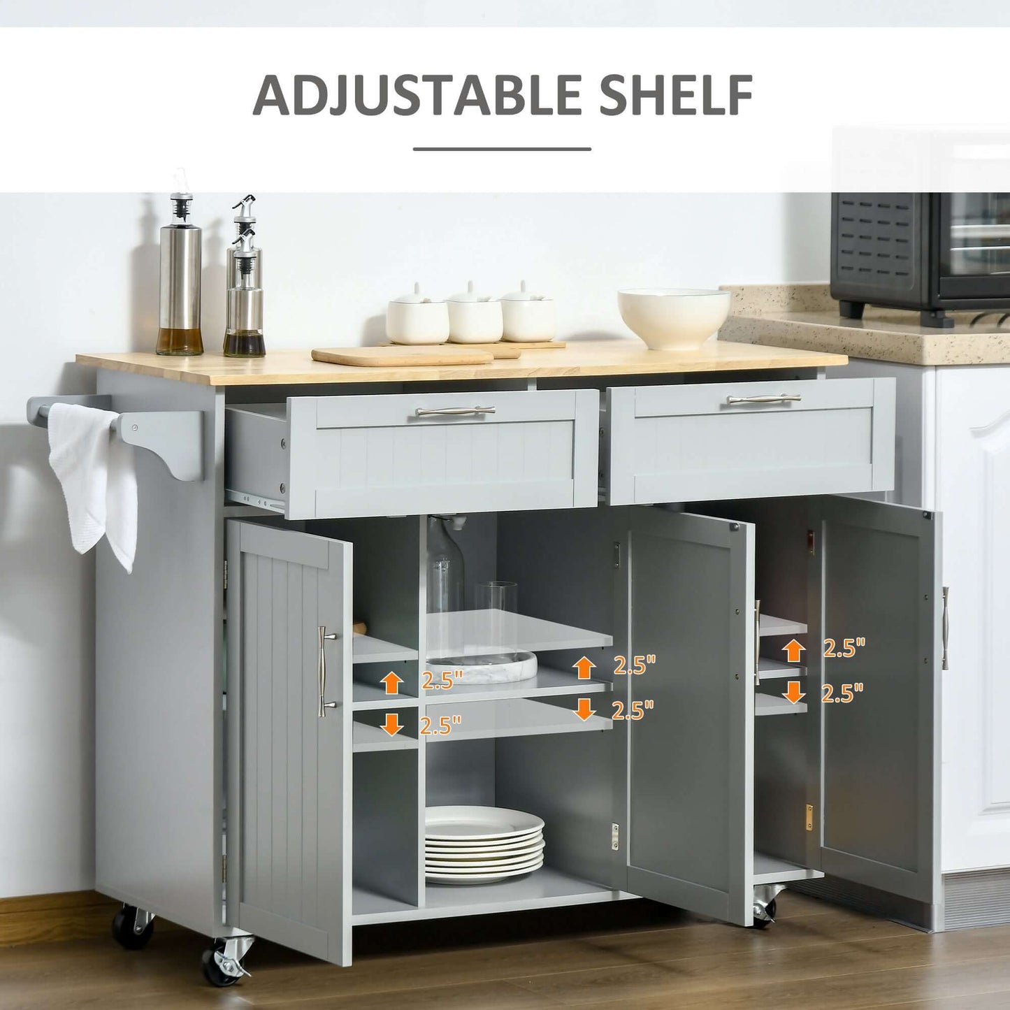 HOMCOM Rolling Kitchen Island, Kitchen Cart on Wheels with 2 Storage Drawers, 3 Door Cabinets and Towel Rack for Dining Room (Grey, 3-Doors)