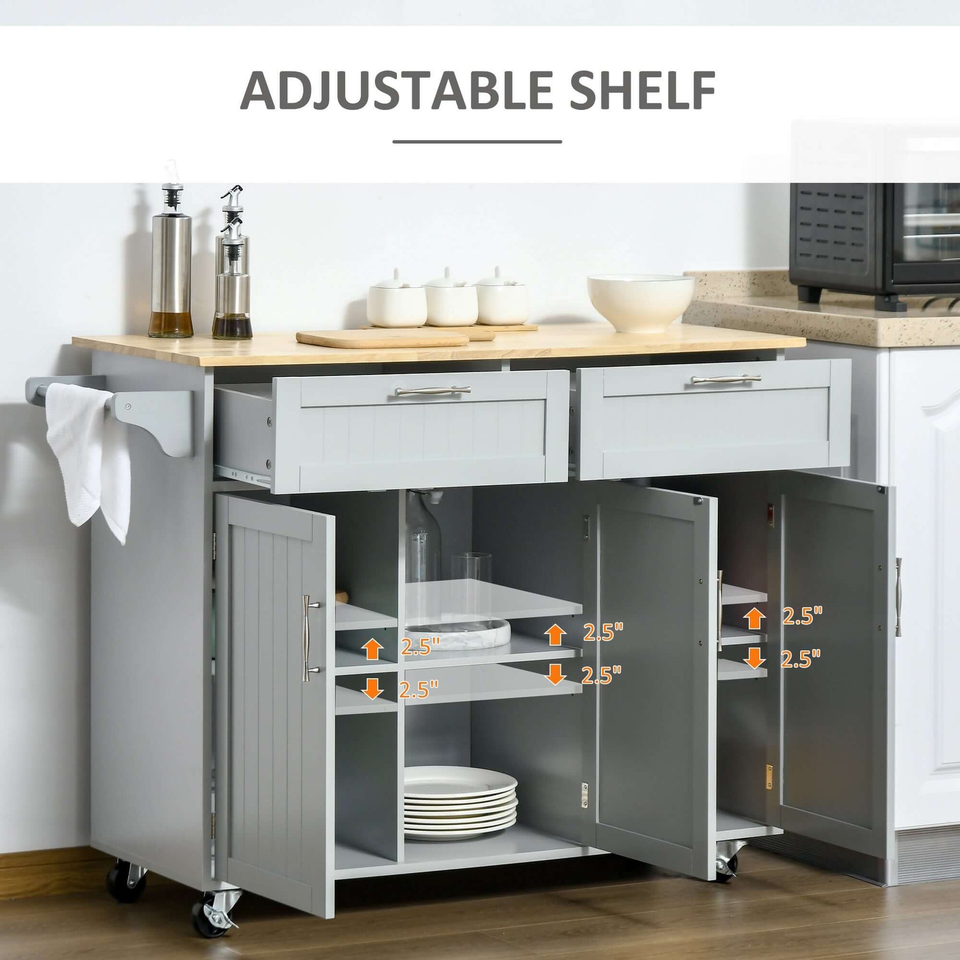 HOMCOM Rolling Kitchen Island, Kitchen Cart on Wheels with 2 Storage Drawers, 3 Door Cabinets and Towel Rack for Dining Room (Grey, 3-Doors)