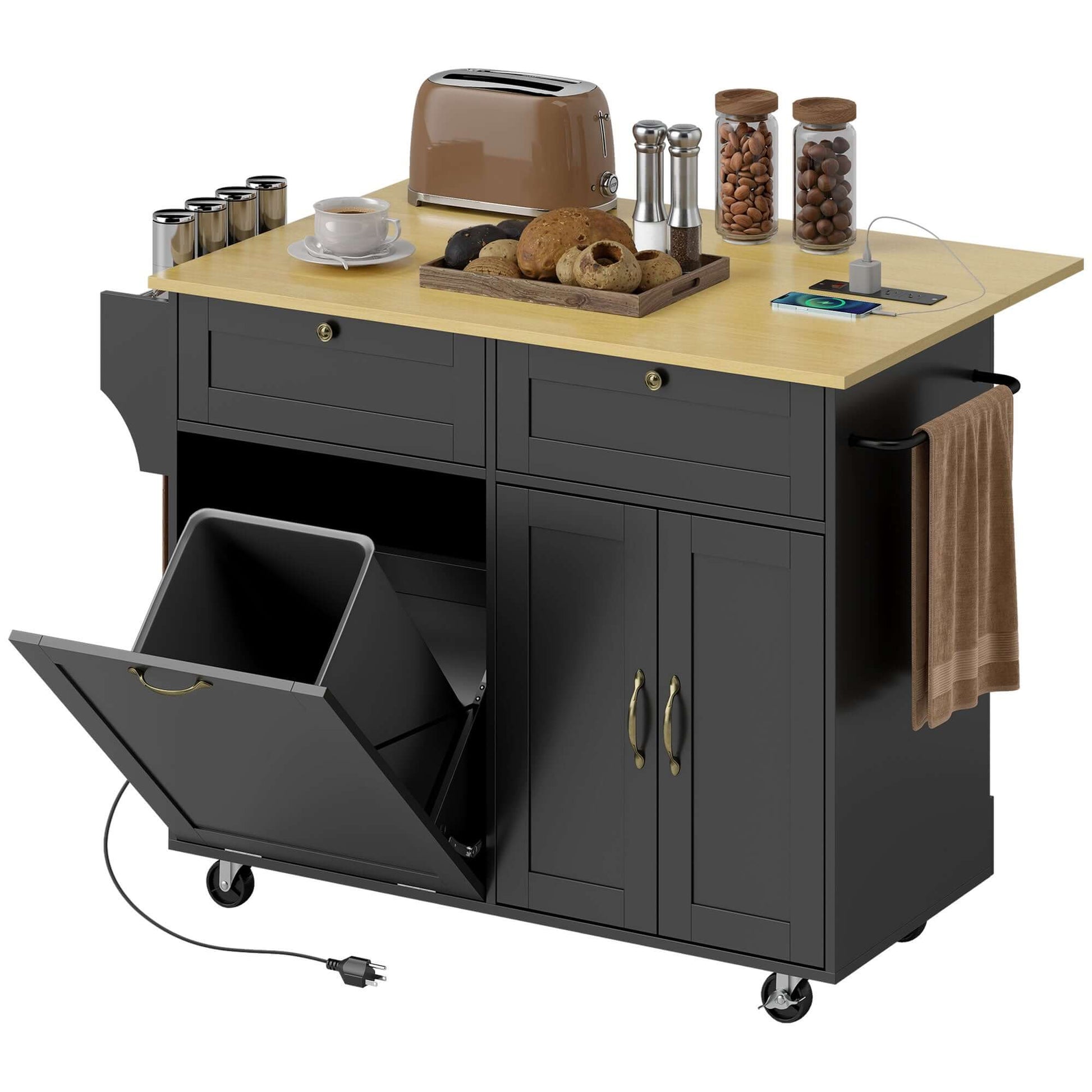 HOMCOM Kitchen Island Cart with Charging Station and Drop Leaf, Kitchen Island Table on Wheels with Trash Can Cabinet, Black