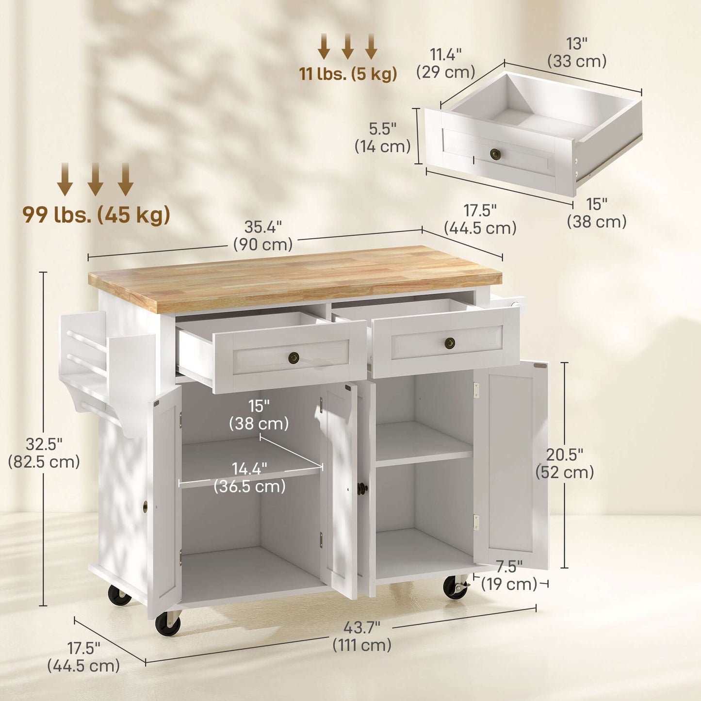 HOMCOM Kitchen Island with Storage, Rolling Trolley Cart with Rubber Wood Top, Spice Rack, Towel Rack, Grey