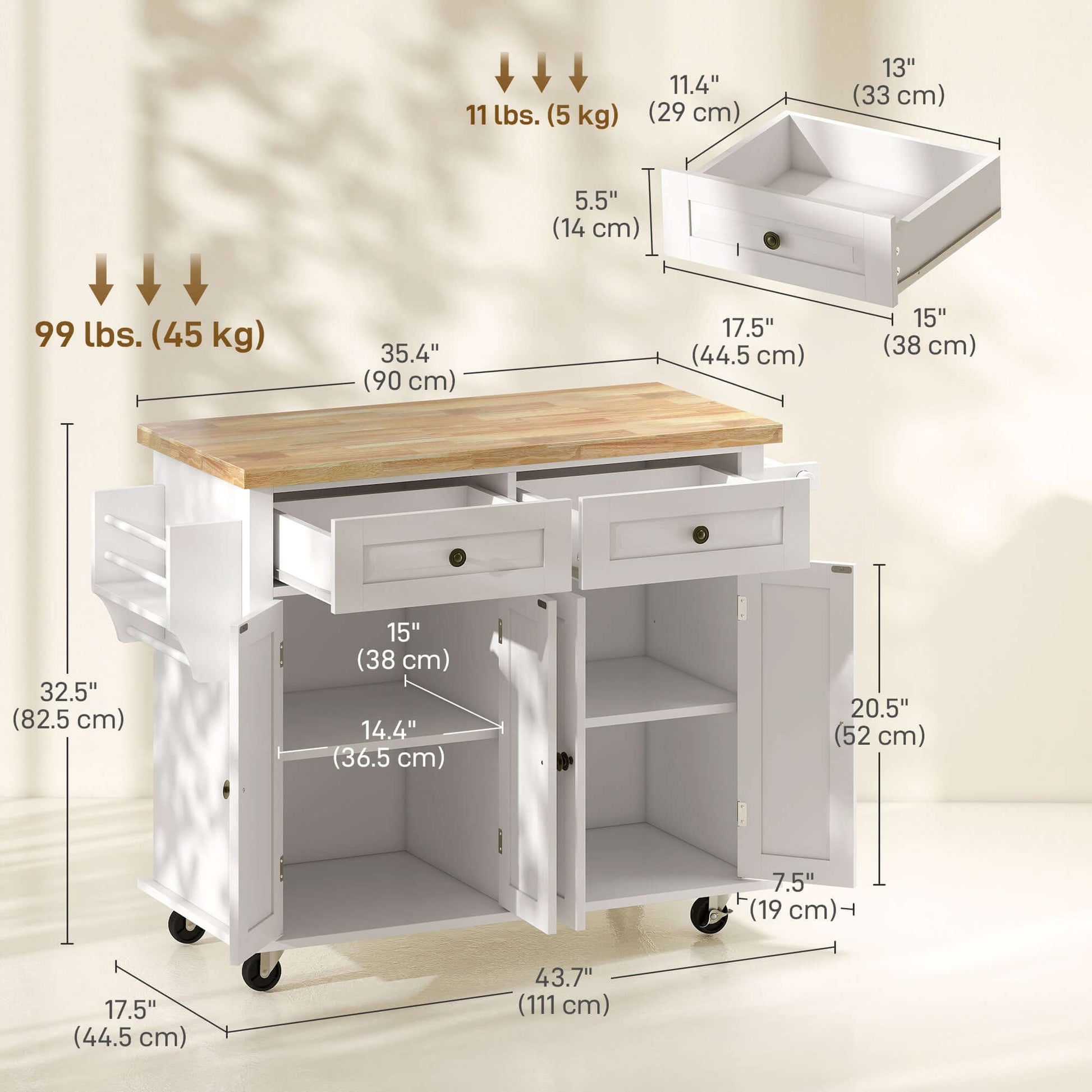 HOMCOM Kitchen Island with Storage, Rolling Trolley Cart with Rubber Wood Top, Spice Rack, Towel Rack, Grey