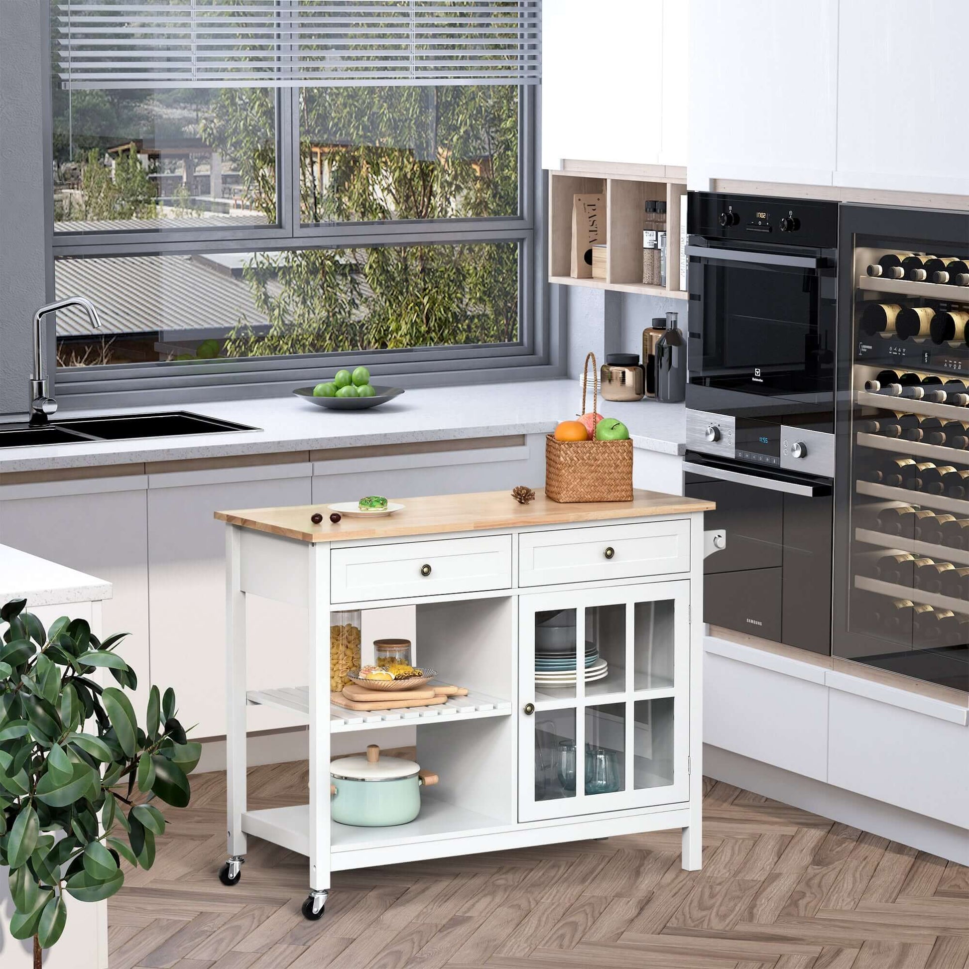 HOMCOM Kitchen Cart on Wheels, Utility Storage Island with Rubber Wood Top, Towel Rack, Cabinets, Drawers, White