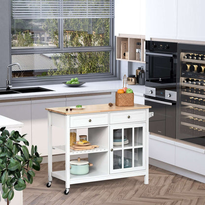 HOMCOM Kitchen Cart on Wheels, Utility Storage Island with Rubber Wood Top, Towel Rack, Cabinets, Drawers, White