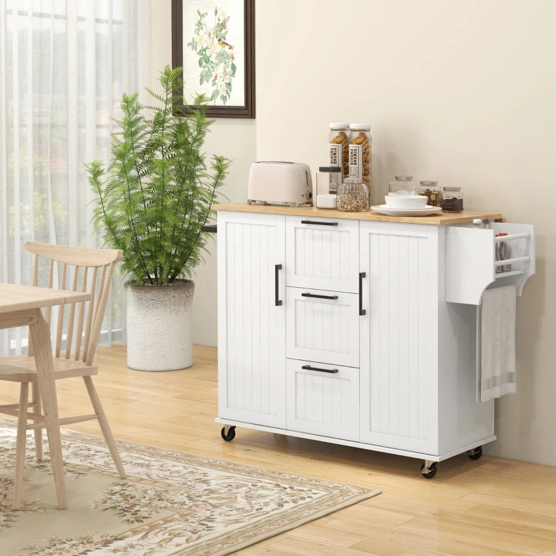HOMCOM Kitchen Island Cart: On Wheels, Drop Leaf, 3 Drawers, Cabinets, Natural Wood Top, White | Aosom Canada