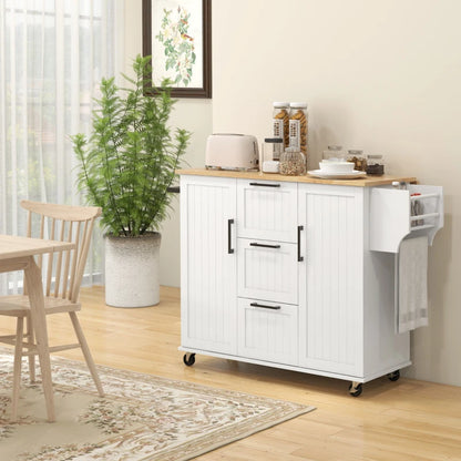 HOMCOM Kitchen Island Cart: On Wheels, Drop Leaf, 3 Drawers, Cabinets, Natural Wood Top, White | Aosom Canada