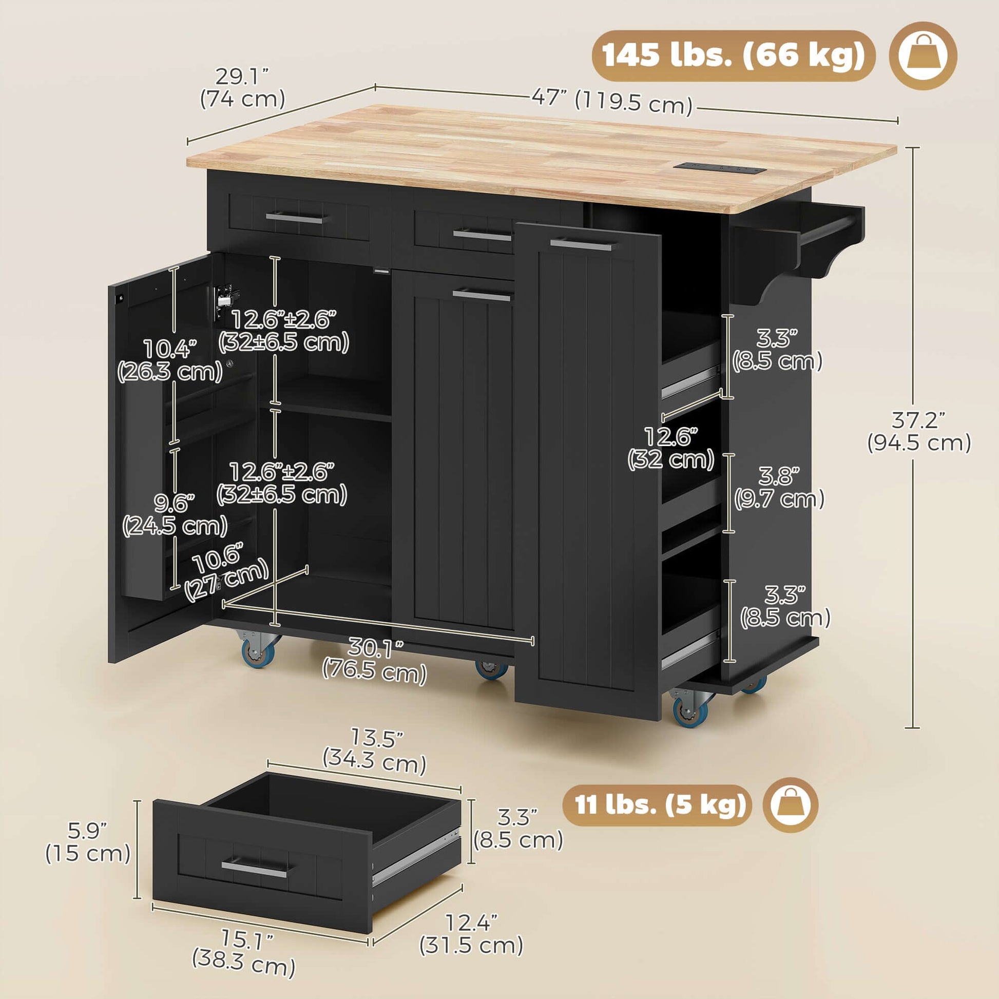 HOMCOM Kitchen Island on Wheels with Wood Drop Leaf, Charging Station, Rolling Kitchen Cart with Adjustable Shelf, Black