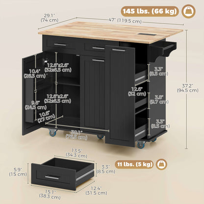 HOMCOM Kitchen Island on Wheels with Wood Drop Leaf, Charging Station, Rolling Kitchen Cart with Adjustable Shelf, Black
