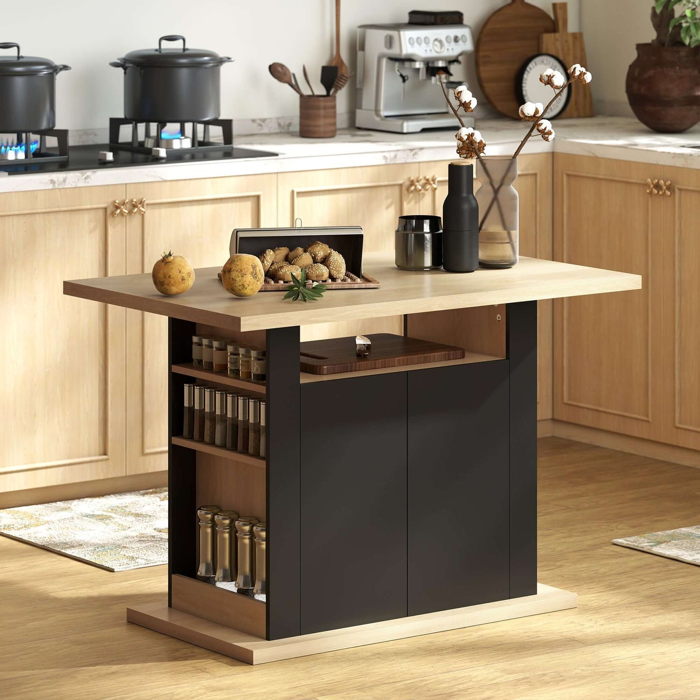 HOMCOM Kitchen Island Dining Table with Storage Cabinet, Large Tabletop for 4 People, 4-Door Cupboard & Shelves, Black