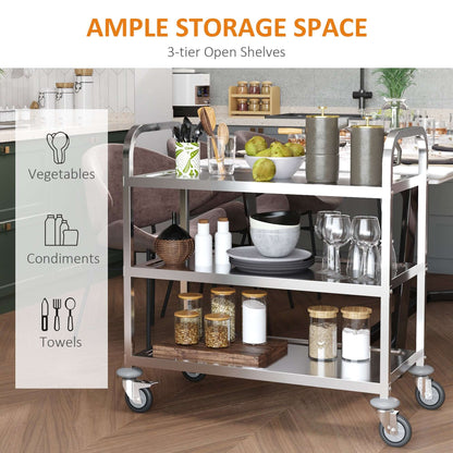 HOMCOM 35.6" 3-Tier Kitchen Trolley Medical Treatment Laboratory Equipment Carts, Stainless Steel Rolling Kitchen Island, Wheeled Storage Utility Serving Cart, 330LBS Heavy Gauge