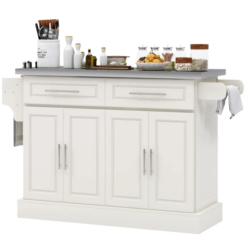 HOMCOM Rolling Kitchen Island with Storage and Stainless Steel Top, Kitchen Trolley with Drawers, Cabinets, Towel Rack, Cream | Aosom Canada