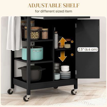 HOMCOM Modern Rolling Kitchen Island Cart with Drawer, Natural Wood Top, Towel Rack, Door Storage Cabinet, Black