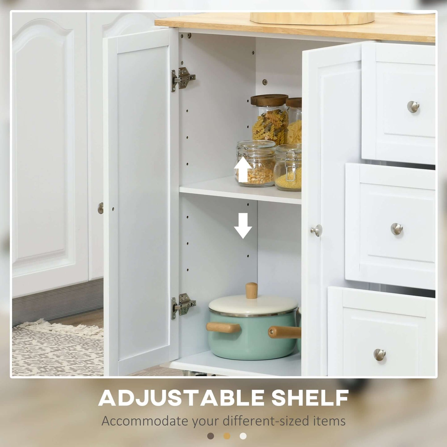 HOMCOM Kitchen Island on Wheels, Kitchen Cart with Drop Leaf, Drawers, Storage Racks, Rubberwood Top, White