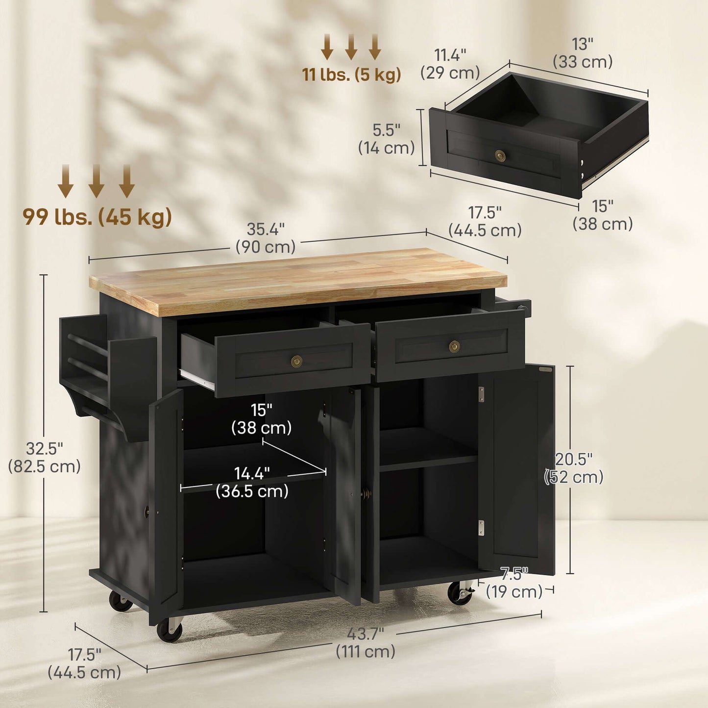 HOMCOM Rolling Kitchen Island with Rubber Wood Top and Storage, Spice Rack, Towel Rack, Black
