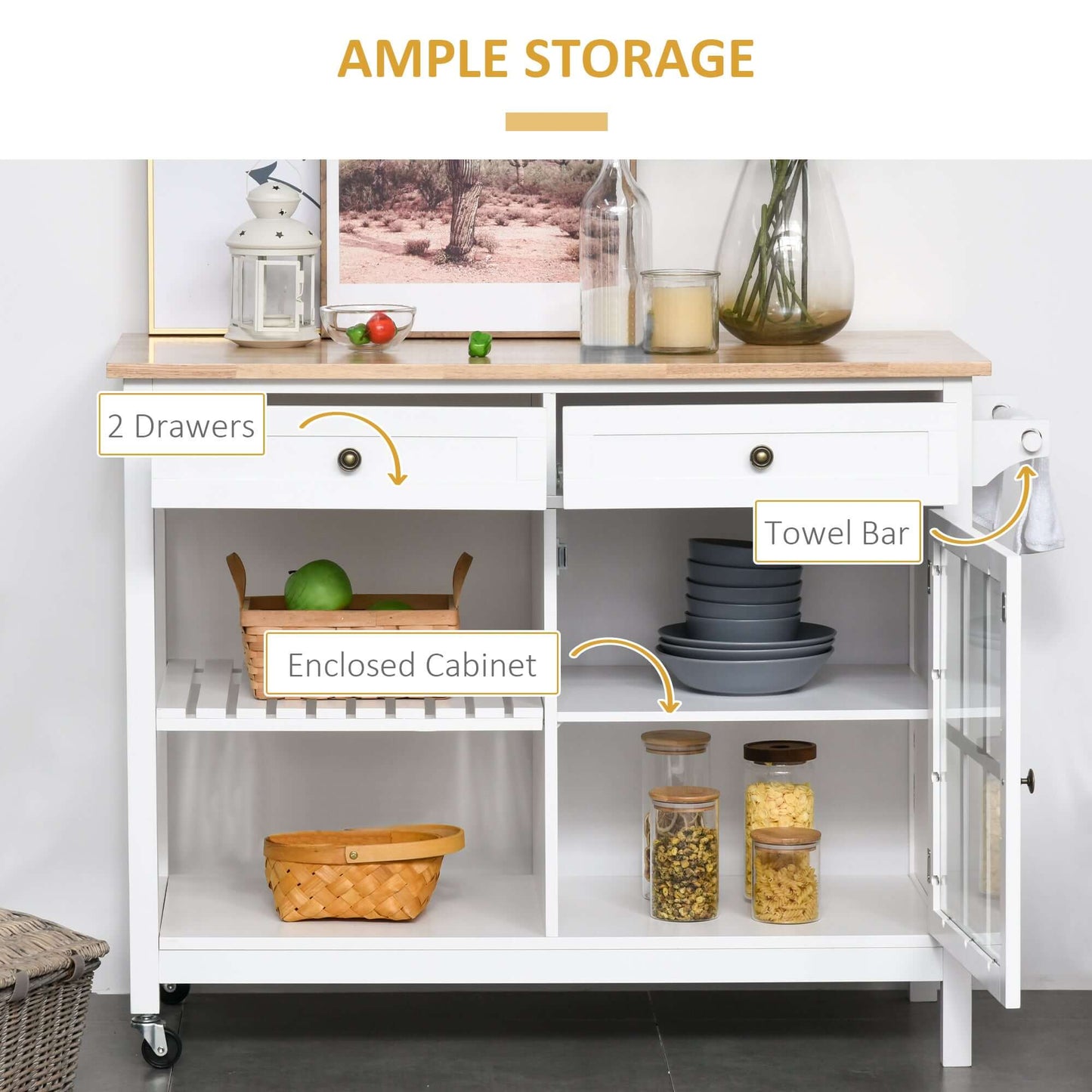 HOMCOM Kitchen Cart on Wheels, Utility Storage Island with Rubber Wood Top, Towel Rack, Cabinets, Drawers, White
