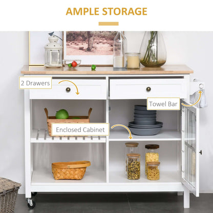HOMCOM Kitchen Cart on Wheels, Utility Storage Island with Rubber Wood Top, Towel Rack, Cabinets, Drawers, White
