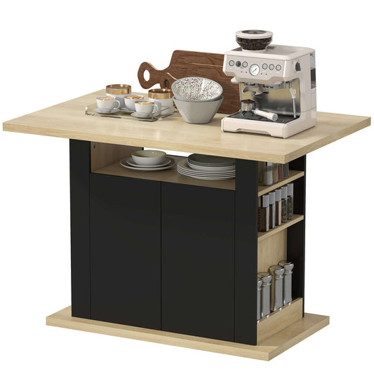 HOMCOM Kitchen Island Dining Table with Storage Cabinet, Large Tabletop for 4 People, 4-Door Cupboard & Shelves, Black