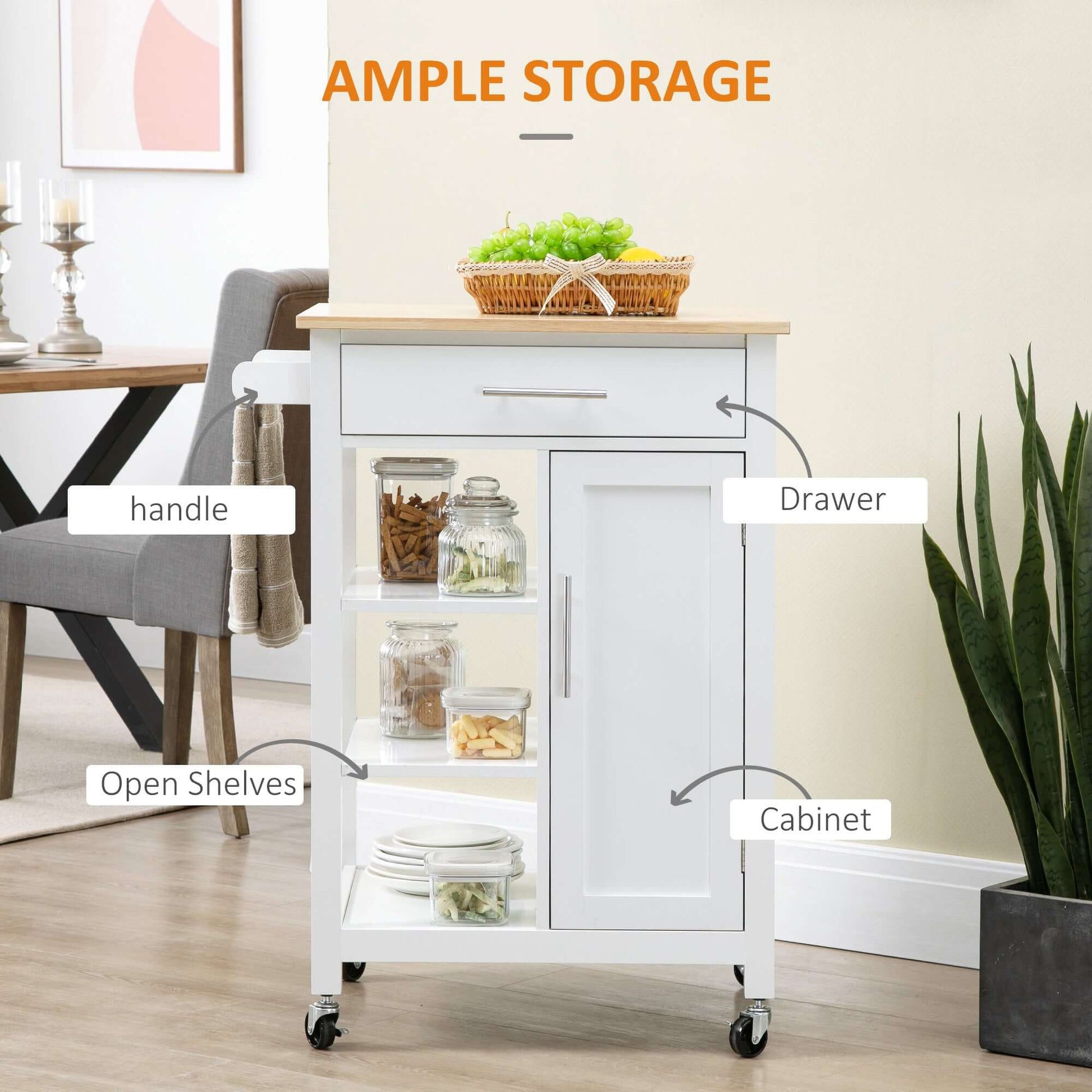 HOMCOM Kitchen Island, Compact Kitchen Cart on Wheels with Open Shelf & Storage Drawer for Dining Room, Kitchen, White