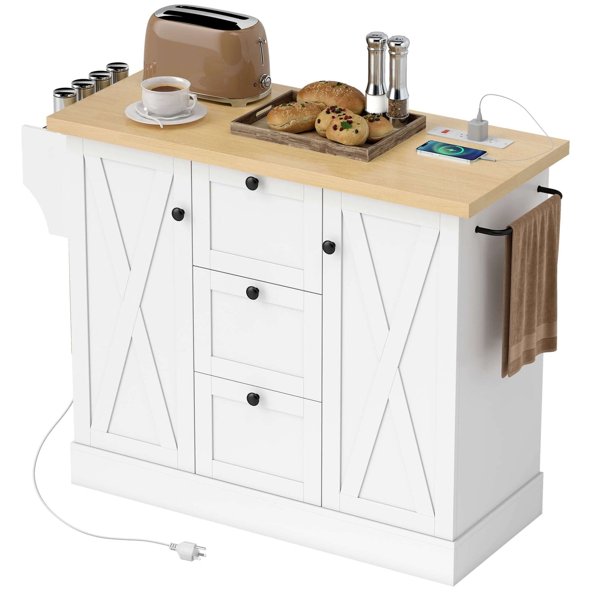 HOMCOM Farmhouse Kitchen Island Cart with Power Outlet and Soft-Close Doors, 49" Kitchen Island with 3 Drawers, White