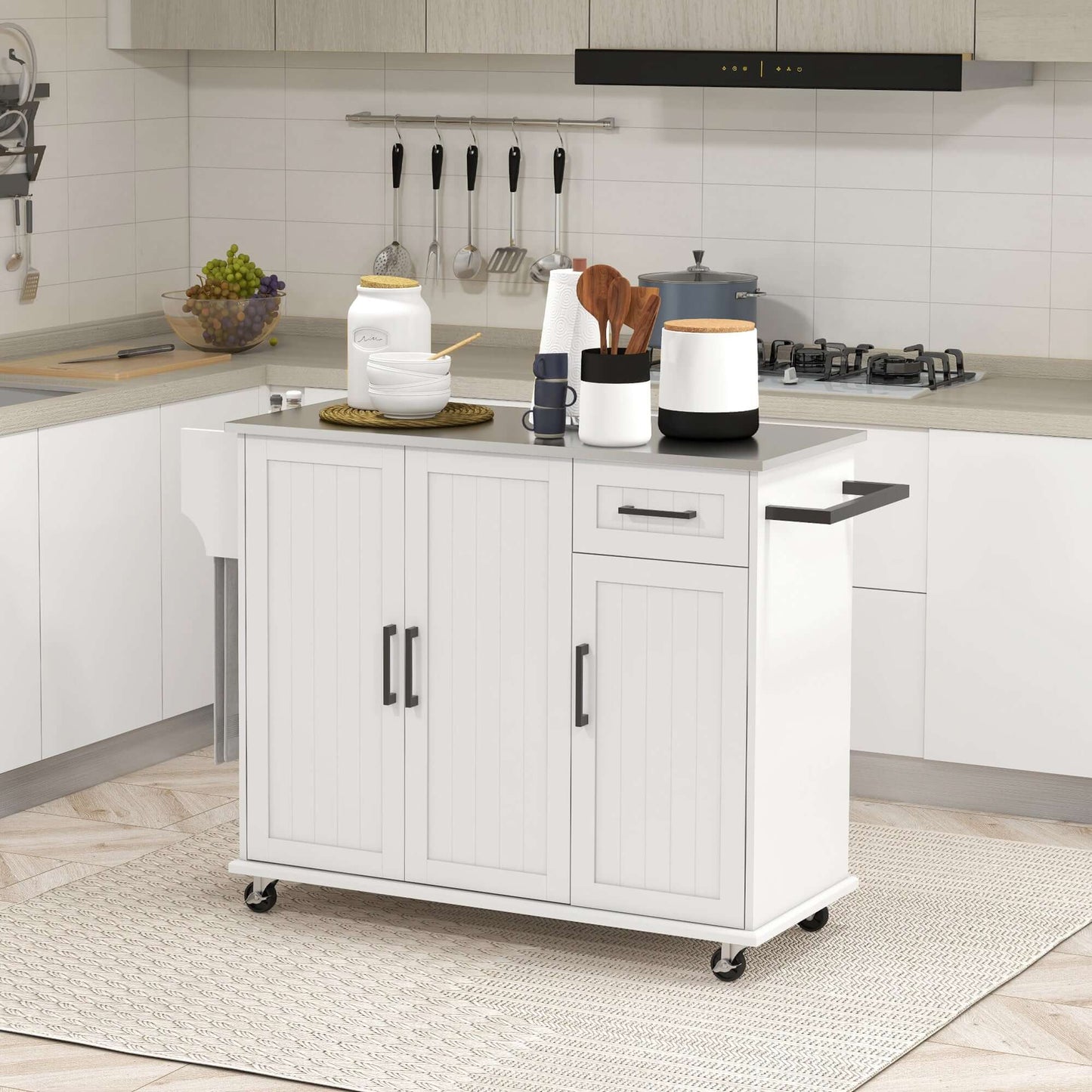 HOMCOM Kitchen Island with Storage, Rolling Kitchen Cart on Wheels, Kitchen Island with Storage, Drawer, 3 Cabinets, Stainless Steel Countertop, Spice Rack and Towel Rack, White