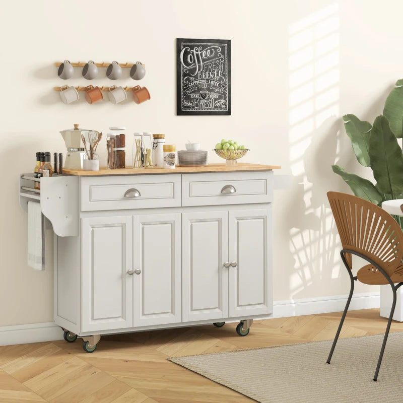 HOMCOM Kitchen Island with Storage, Rolling Kitchen Island with Drop Leaf, Rubber Wood Top and Adjustable Shelves, Cream White | Aosom Canada