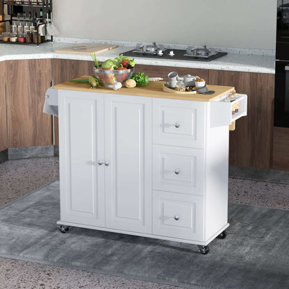 HOMCOM Kitchen Island on Wheels, Kitchen Cart with Drop Leaf, Drawers, Storage Racks, Rubberwood Top, White