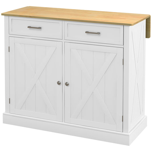 HOMCOM Farmhouse Kitchen Cart: White, Rolling Island, Drop Leaf, Wood Breakfast Bar, 2 Drawers, Adjustable Shelves | Aosom Canada