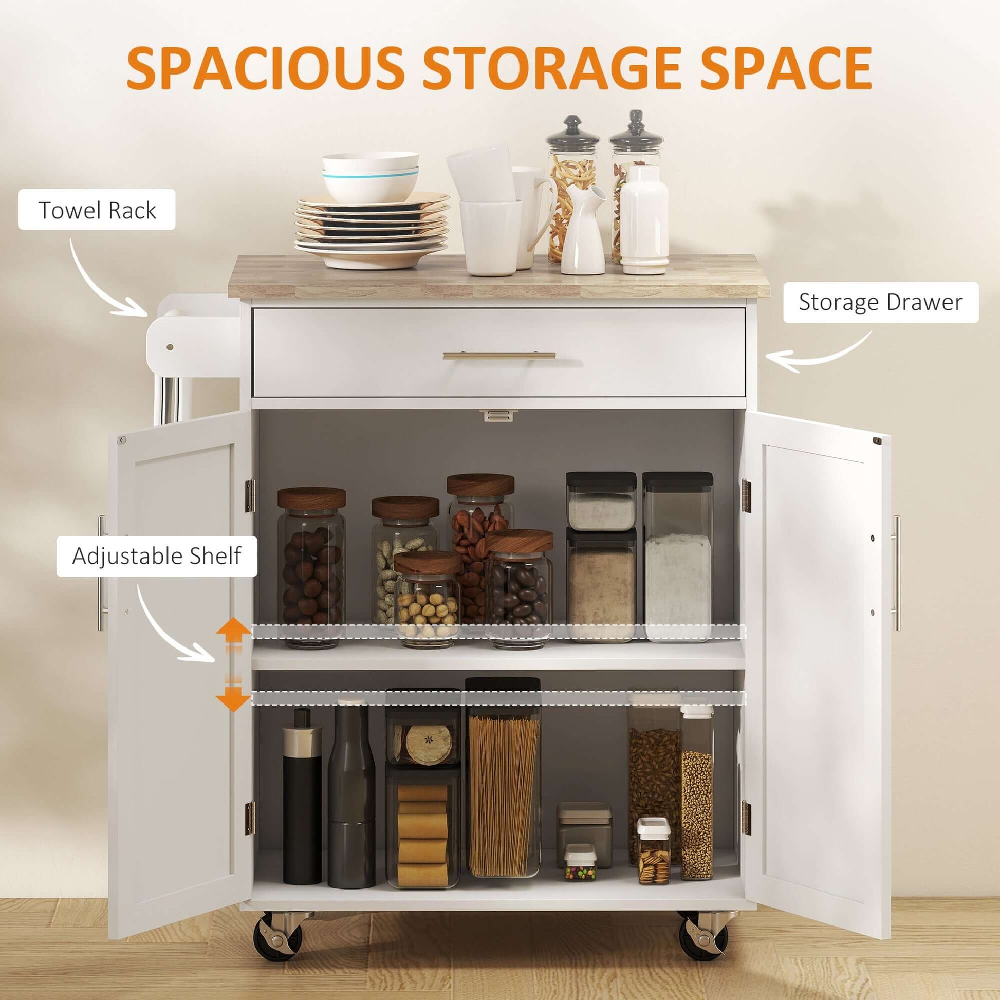 HOMCOM Kitchen Trolley Mobile Kitchen Island on Wheels Serving Cart Wooden Storage w/ Drawer and Towel Bar White