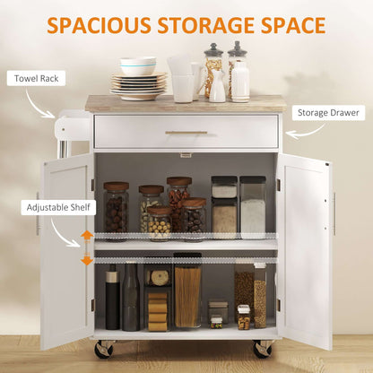 HOMCOM Kitchen Trolley Mobile Kitchen Island on Wheels Serving Cart Wooden Storage w/ Drawer and Towel Bar White