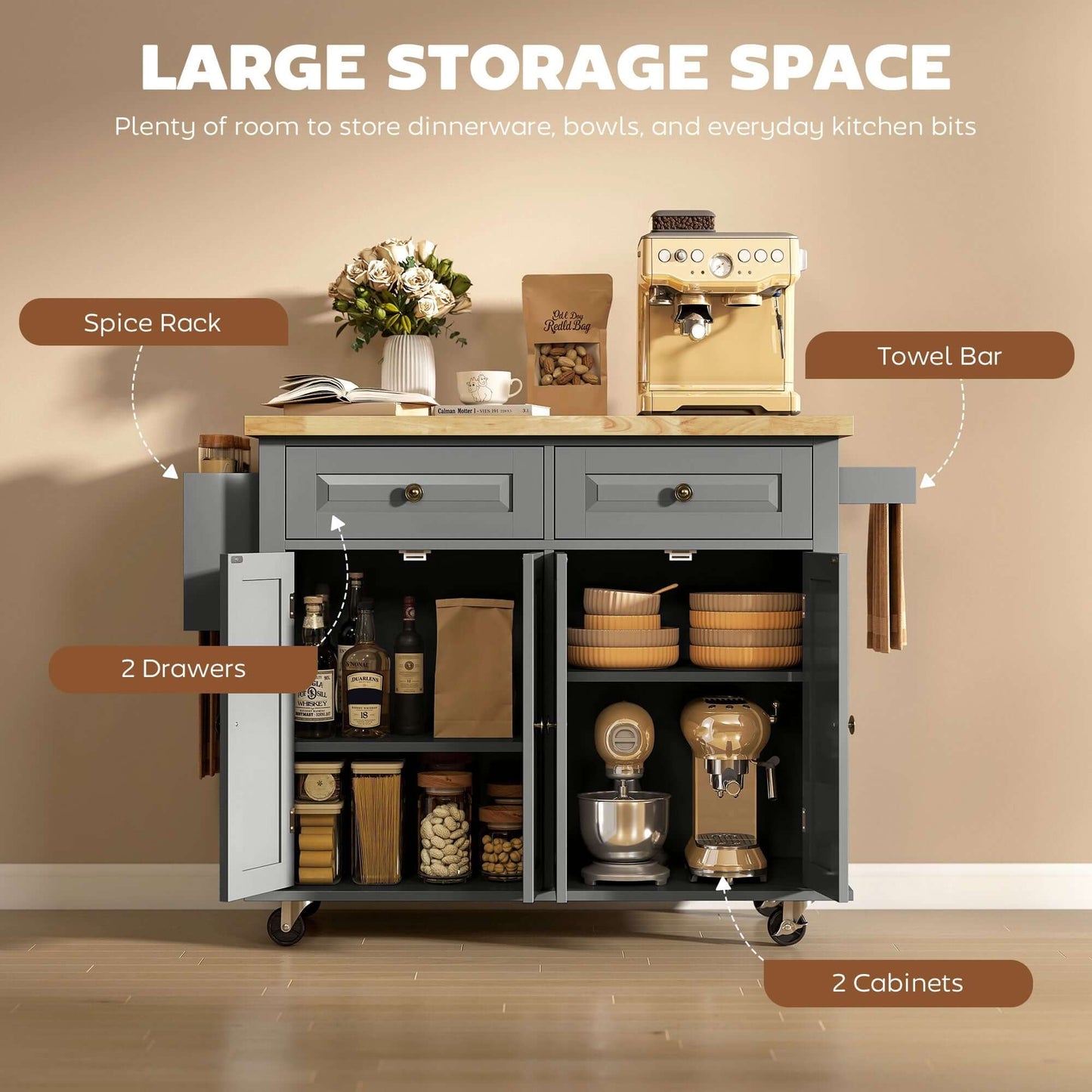 HOMCOM Kitchen Island with Storage, Rolling Trolley Cart with Rubber Wood Top, Spice Rack, Towel Rack, 2 Locking Brakes,Grey