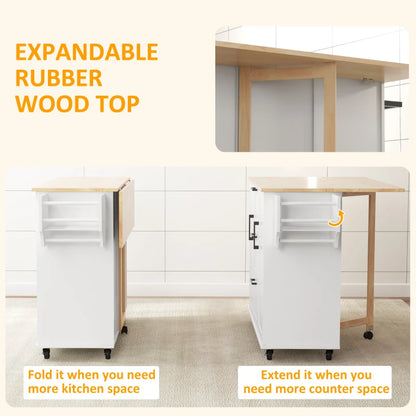 HOMCOM Kitchen Island Cart: On Wheels, Drop Leaf, 3 Drawers, Cabinets, Natural Wood Top, White | Aosom Canada