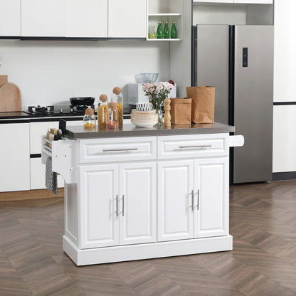 HOMCOM Rolling Kitchen Island with Storage, Portable Kitchen Cart with Stainless Steel Top, 2 Drawers, Spice, Knife and Towel Rack  | Aosom Canada