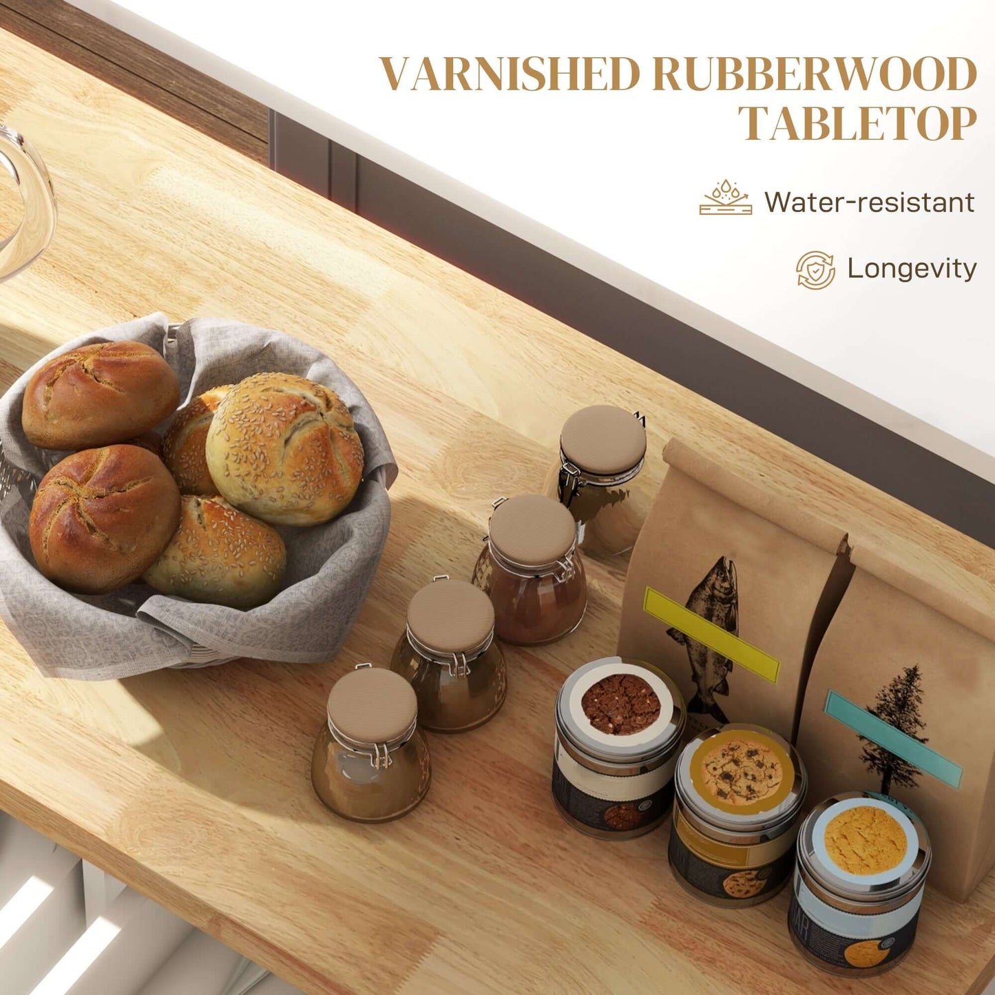 HOMCOM Kitchen Island with Storage, Rolling Trolley Cart with Rubber Wood Top, Spice Rack, Towel Rack, Cream White