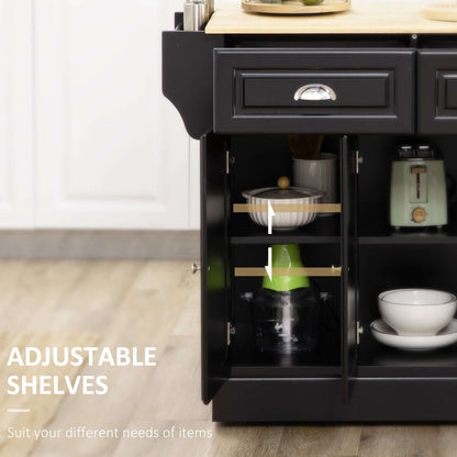 HOMCOM Kitchen Island with Storage Rolling Kitchen Serving Cart with Rubber Wood Top Towel Rack Storage Drawer Cabinet, Black