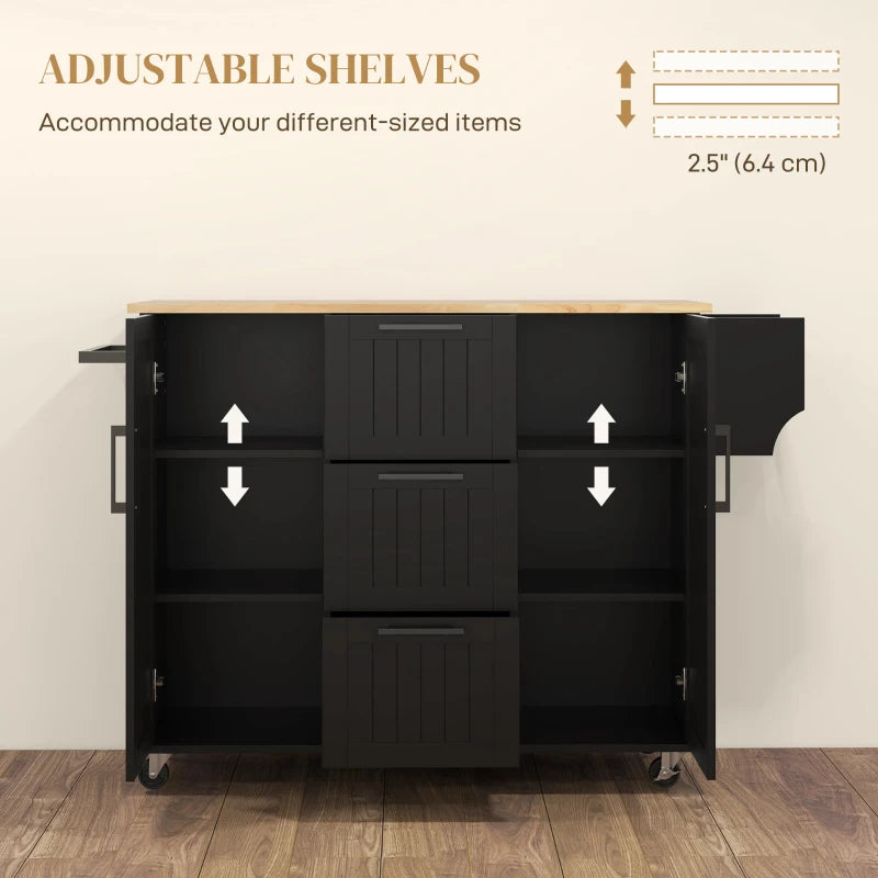 HOMCOM Rolling Kitchen Cart on Wheels with Drop Leaf, Kitchen Island with 3 Drawers, Solid Wood Top and Towel Rack, Black | Aosom Canada