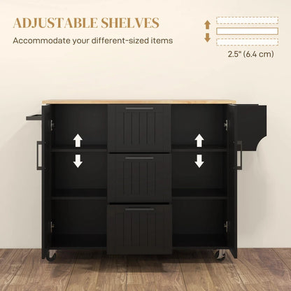 HOMCOM Rolling Kitchen Cart on Wheels with Drop Leaf, Kitchen Island with 3 Drawers, Solid Wood Top and Towel Rack, Black | Aosom Canada
