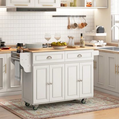 HOMCOM Kitchen Island with Storage, Rolling Kitchen Island with Drop Leaf, Rubber Wood Top and Adjustable Shelves, Cream White | Aosom Canada