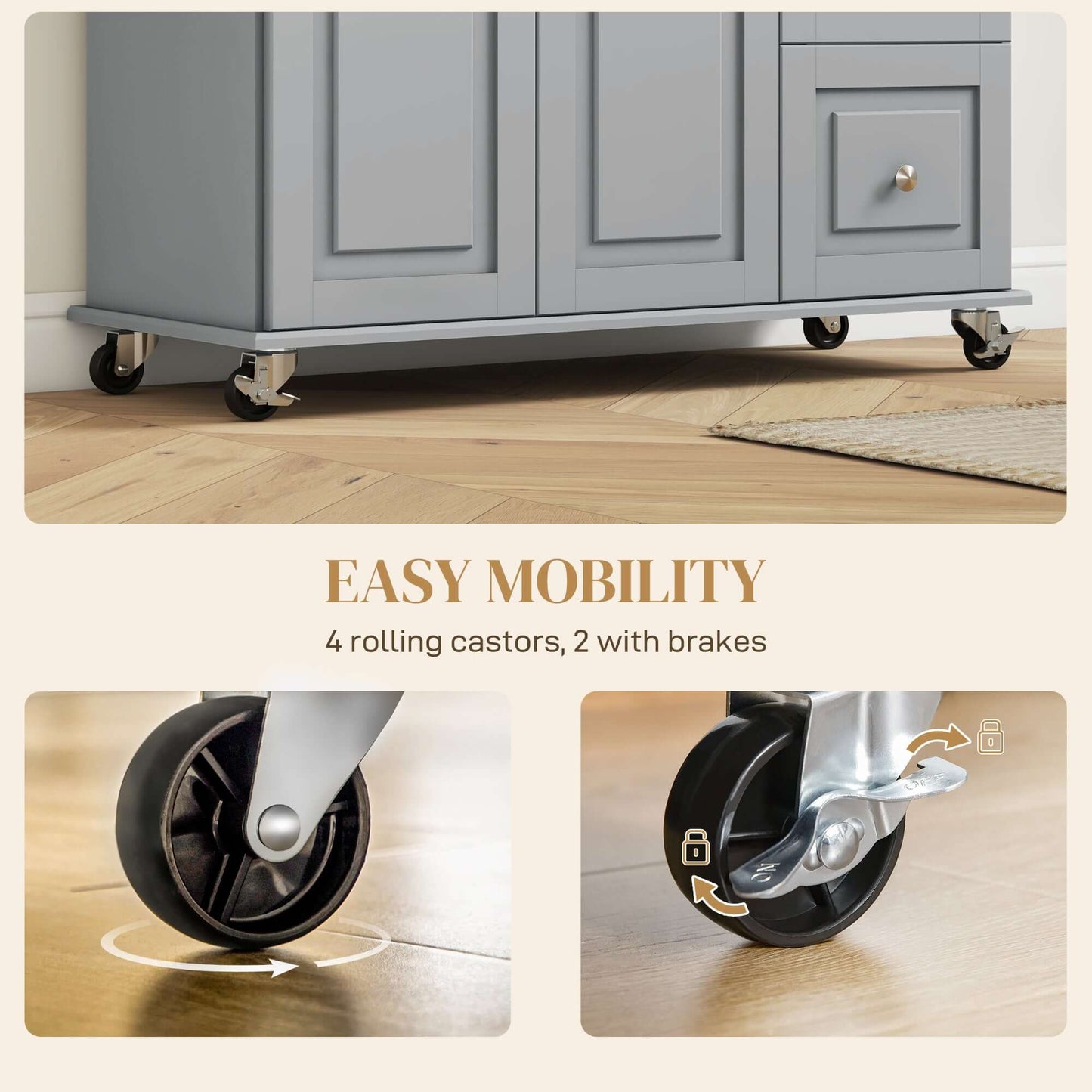 HOMCOM Kitchen Island on Wheels, Kitchen Cart with Drop Leaf, Drawers, Grey