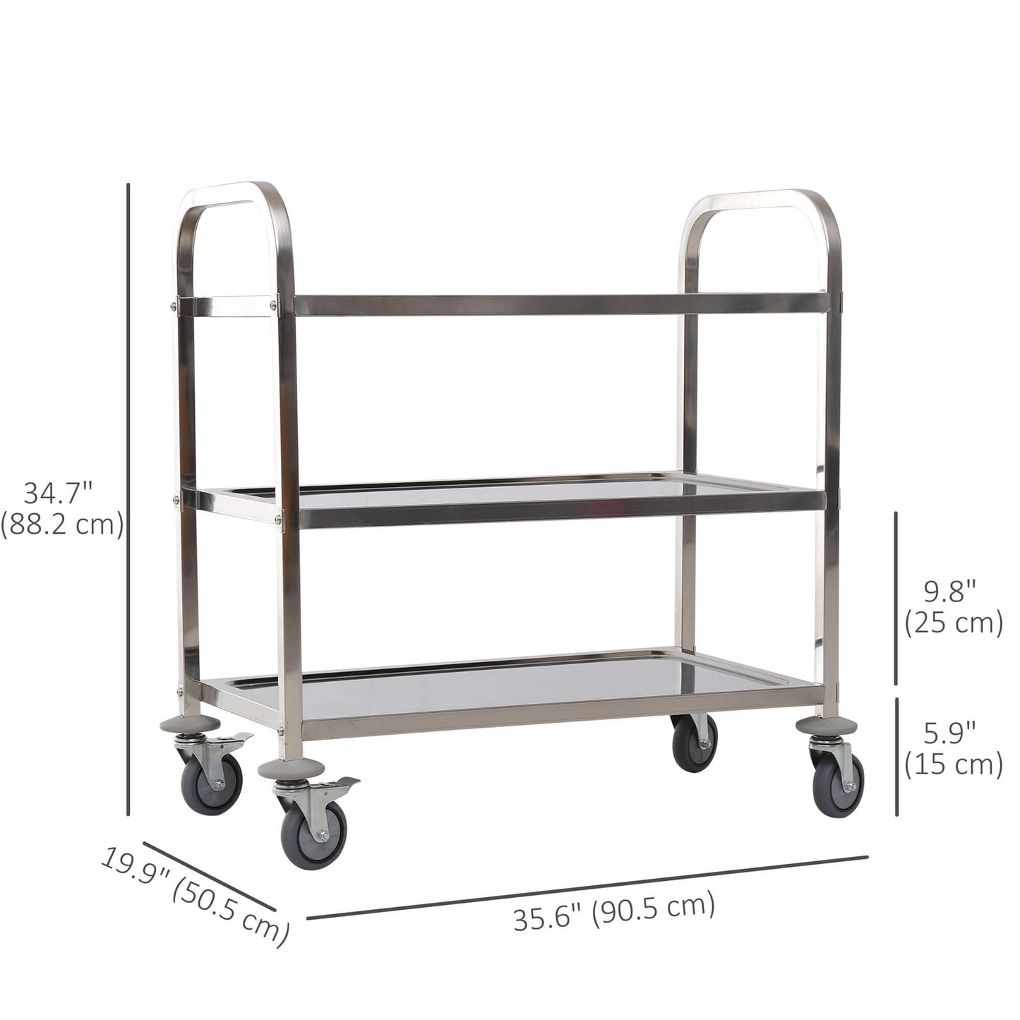 HOMCOM 35.6" 3-Tier Kitchen Trolley Medical Treatment Laboratory Equipment Carts, Stainless Steel Rolling Kitchen Island, Wheeled Storage Utility Serving Cart, 330LBS Heavy Gauge